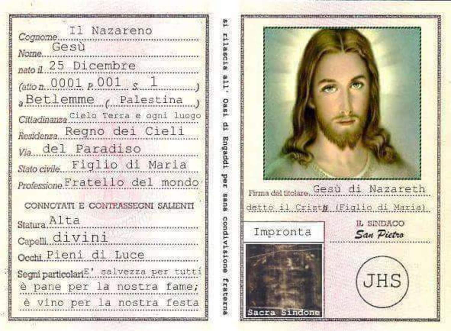 Carta d'Identità di Gesù immagini Facebook